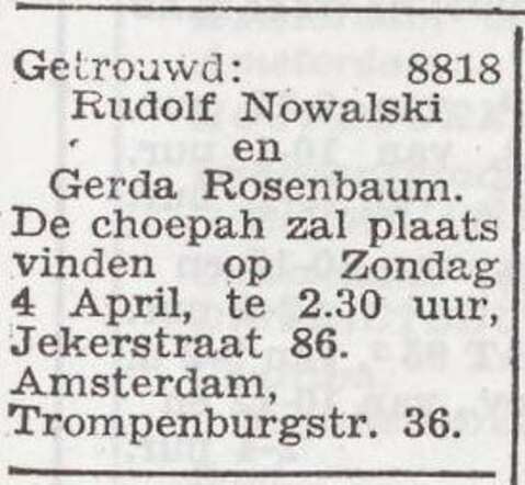 Aankondiging van de huwelijksinzegening van Rudolf Nowalski en Gerda Rosenbaum