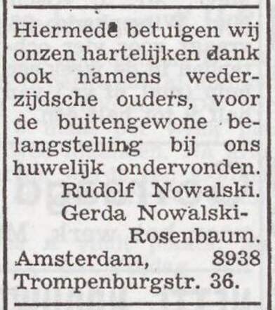 Dankbetuiging van het echtpaar Rudolf en Gerda Nowalski