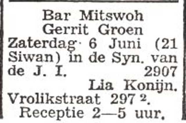 Aankondiging van de bar mitswa van Gerrit Groen
