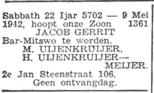 Aankondiging van de bar mitswa van Jacob Gerrit Uijenkruijer