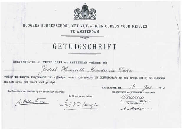 Getuigschrift van Judith Henriette Mendes da Costa
