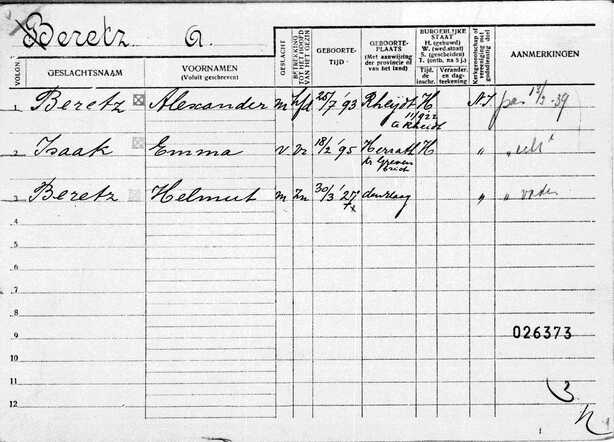Gezinskaart Alexander Beretz (voorkant)