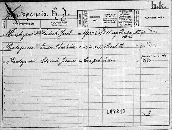 Gezinskaart Hendrik Jacob Hartogensis (voorkant)