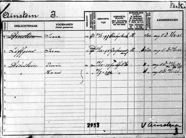Gezinskaart Isaac Ainstein (voorkant)