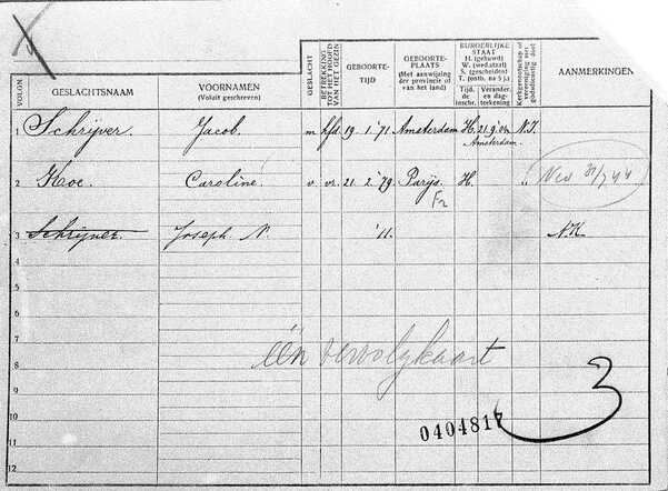 Gezinskaart Jacob Schrijver (voorkant)
