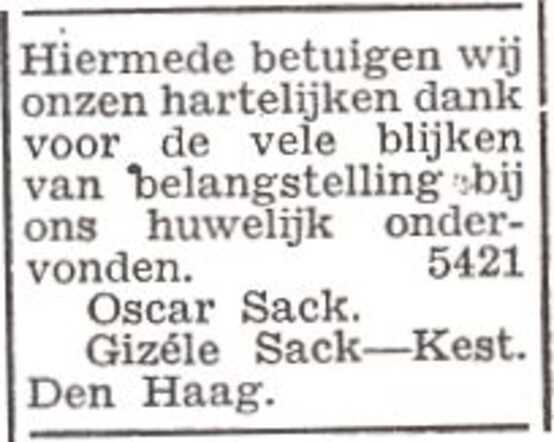 Dankbetuiging van het echtpaar Oscar en Gizela Sack-Kest