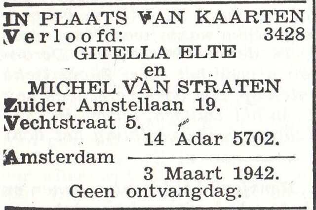 Bekendmaking van de verloving van Gitella Elte