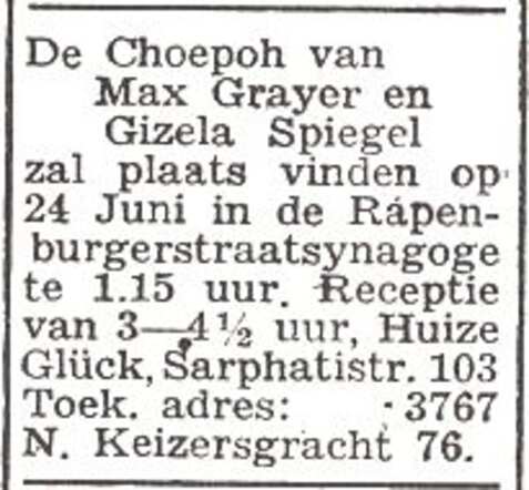 Aankondiging van de huwelijksinzegening van Mozes (Max) Grajer en Gizela Spiegel