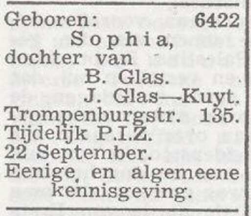 Bekendmaking van de geboorte van Sophia Glas
