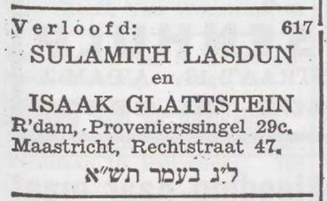 Bekendmaking van de verloving van Sulamith Lasdun en Isaak Glattstein