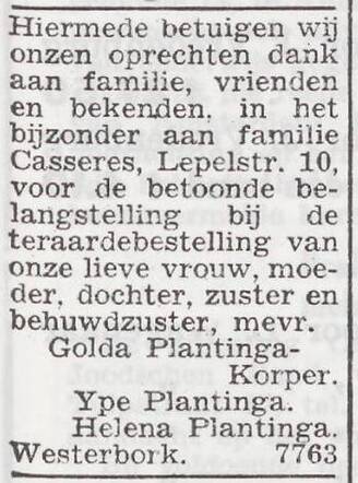 Dankbetuiging van de familie Plantinga