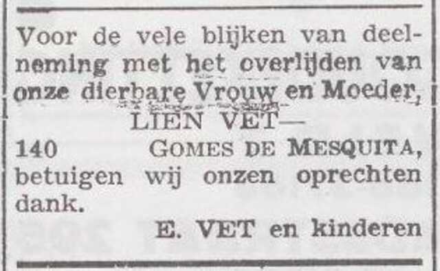 Dankbetuiging van de familie Vet