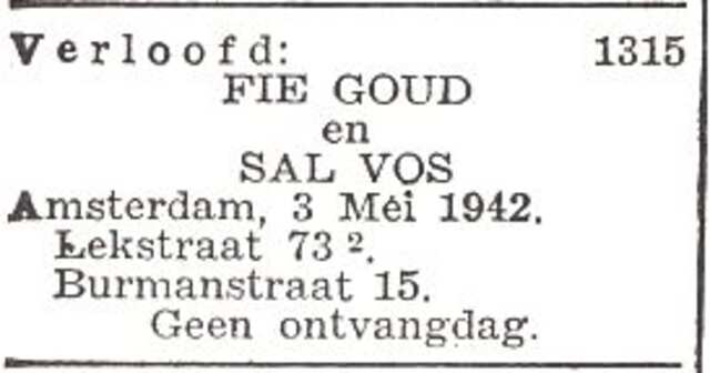 Vermelding van de verloving van Sophia Goud en Salomon Vos