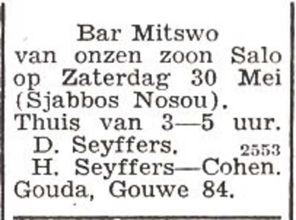 Aankondiging van de bar mitswa van Salomon Seyffers
