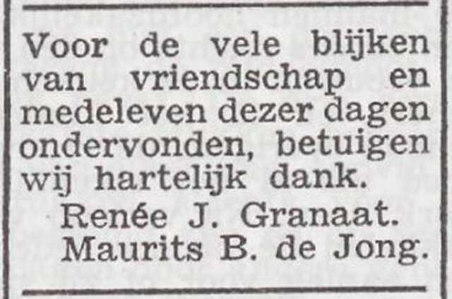 Dankbetuiging van Renee Jacoba Granaat en Maurits Benjamin de Jong
