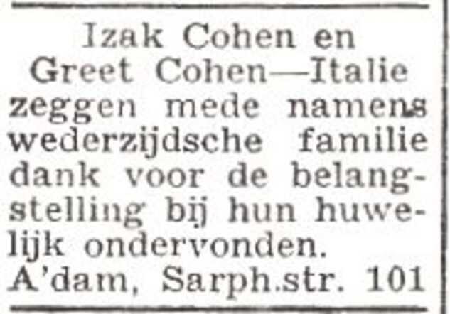 Dankbetuiging van het echtpaar Izak en Greta Cohen-Italie