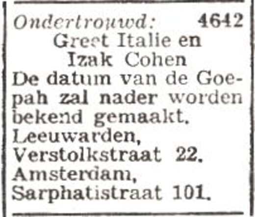 Vermelding van ondertrouw van Greta Italie en Izak Cohen