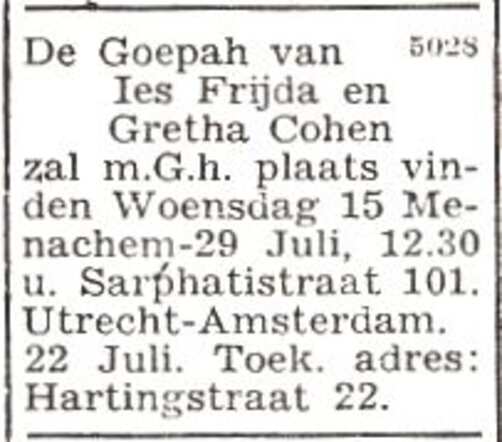 Aankondiging van de huwelijksinzegening van Izaak Frijda en Margaretha Cohen