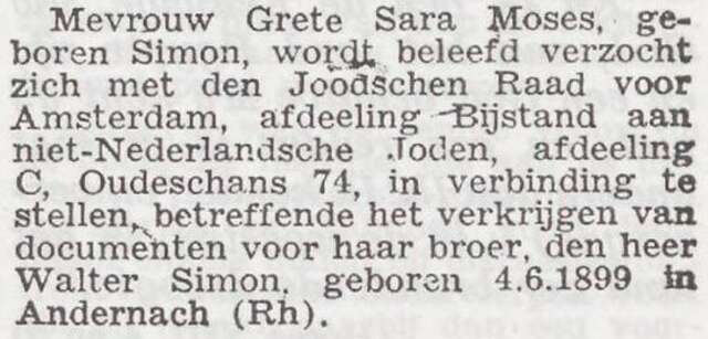 Mededeling voor Margarete Moses-Simon