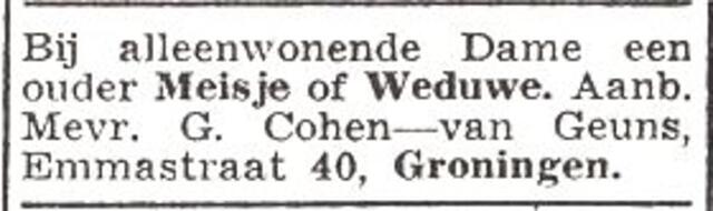 Advertentie van mw. Grietje Cohen-van Geuns