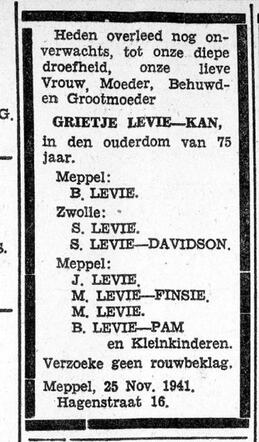 Overlijdensadvertentie van Grietje Levie-Kan in de Meppeler Courant