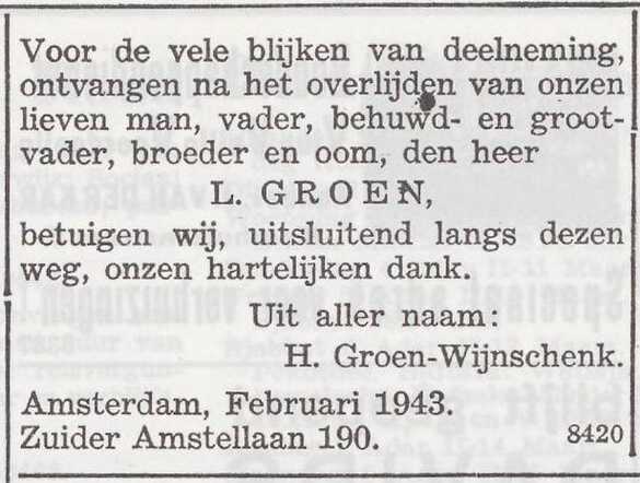 Dankbetuiging van de familie Groen
