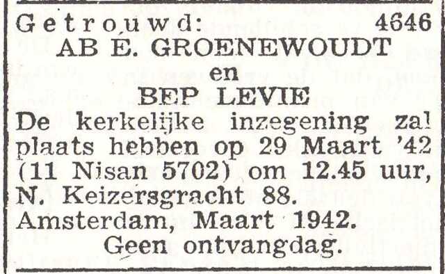 Aankondiging van de huwelijksinzegening van Abraham Emanuel Groenewoudt en Rebecca Levie