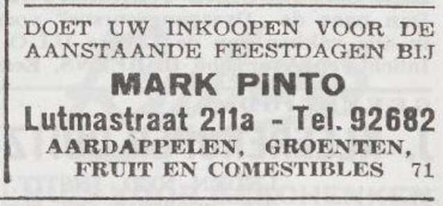 Advertentie van groentenhandelaar Mordechai Pinto