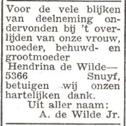 Dankbetuiging van de familie de Wilde