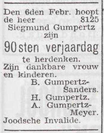 Aankondiging van de viering van de 90ste verjaardag van Siegmund Gumpertz