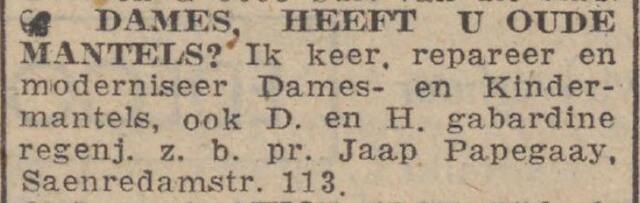 Haarlem's dagblad, 29 december 1941, dag, pag. 8. Adv. Jacob (Jaap) Papegaaij.