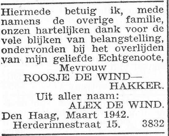 Dankbetuiging van de familie De Wind