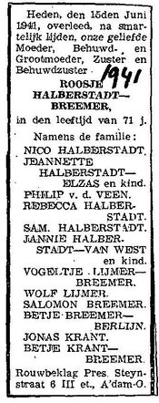 Het overlijden van Roosje Halberstadt-Breemer