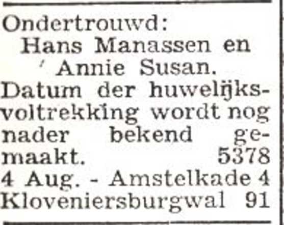 Bekendmaking van ondertrouw van Heiman Adolf (Hans) Manassen en Anna Soesan