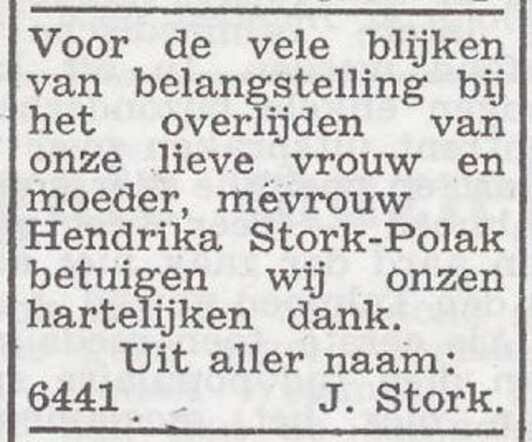 Dankbetuiging van de familie Stork