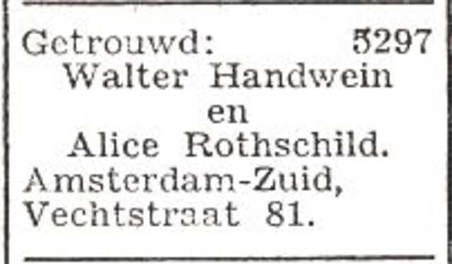 Bekendmaking van het huwelijk van Walter Handwein en Alice Rothschild