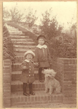 Hans (bovenste), Eddy en hondje Amy op de trap van hun huis in Overveen, ca 1919/1920 (Foto uit privé collectie)