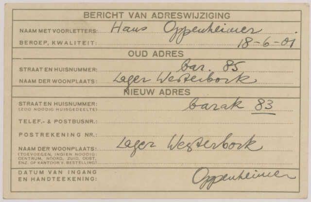 Adreswijziging van Hans Felix Robert Oppenheimer uit kamp Westerbork