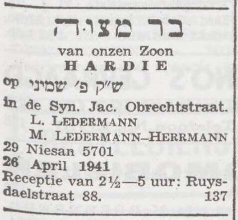 Aankondiging van de bar mitswa van Gerhard Ledermann