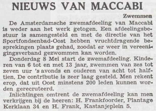 Bericht over zwemafdeling van Maccabi