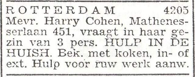 Advertentie van mw. Jeanne Elise Cohen-Polak