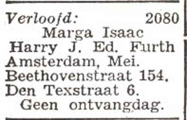 Vermelding van de verloving van Harry Jacobus Eduard Furth en Margareta Pauline Isaac