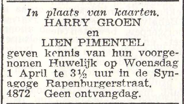 Aankondiging van de huwelijksinzegening van Hartog Groen en Carolina Eva Pimentel