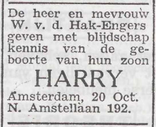 Bekendmaking van de geboorte van Harry van der Hak