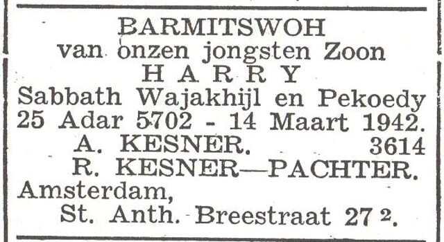 Aankondiging van de bar mitswa van Harry Kesner