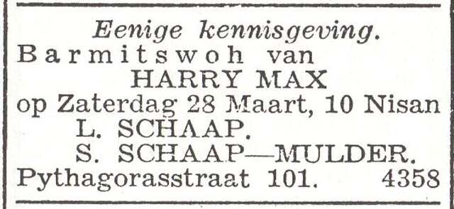 Aankondiging van de bar mitswa van Harry Max Schaap