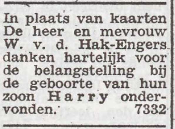Dankbetuiging van de ouders van Harry van der Hak