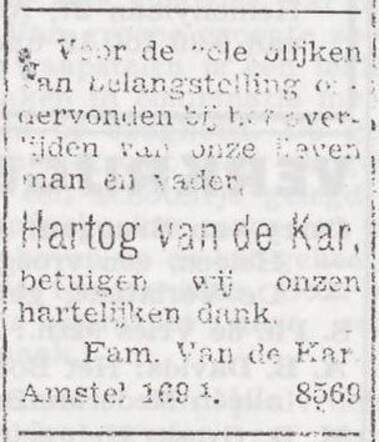 Dankbetuiging van de familie Van de Kar