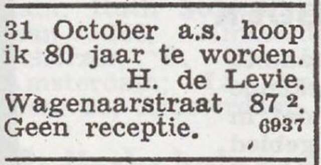 Aankondiging van de 80ste verjaardag van Hartog de Levie