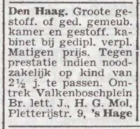 Advertentie te huur aangeboden van het gezin Hartog Mol